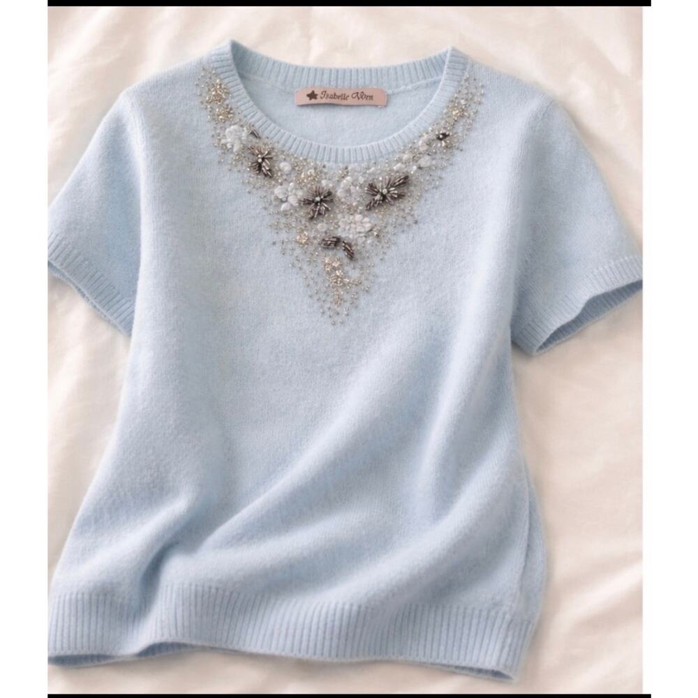 Isabelle Wen Cashmere Embellished Short Sleeve Sweater Blue Beaded Floral Size S